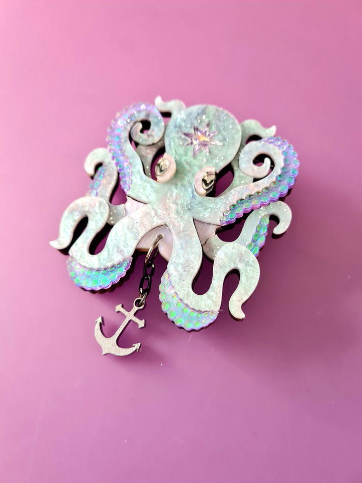 Octopus Brooch or Necklace Cosmic Rock - purple glitter acrylic octopus with anchor charm