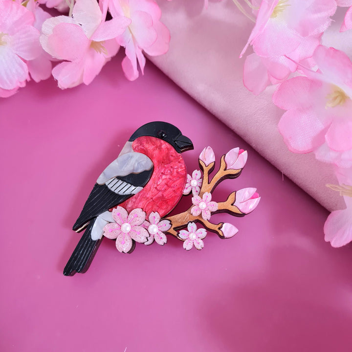Bullfinch and Blossoms Brooch detail