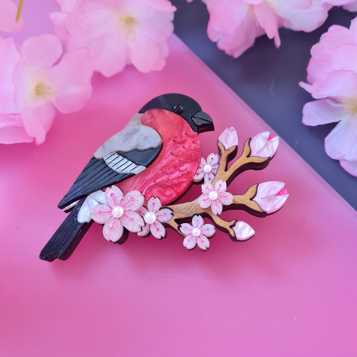 Bullfinch and Blossoms Brooch full view