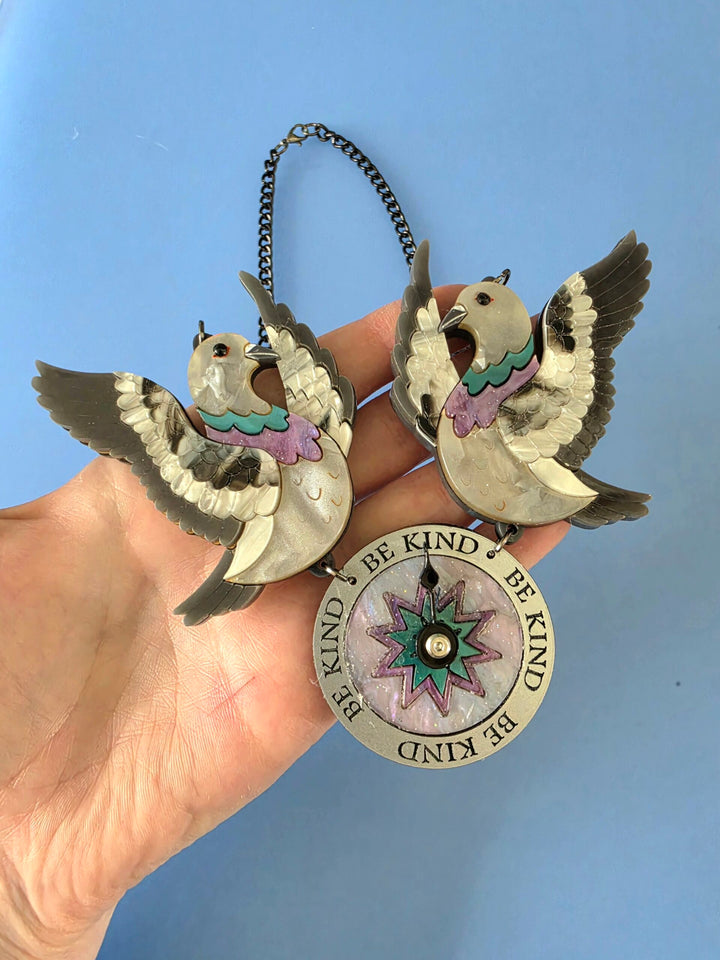 Duo Pigeon Flying Compass Charm Necklace