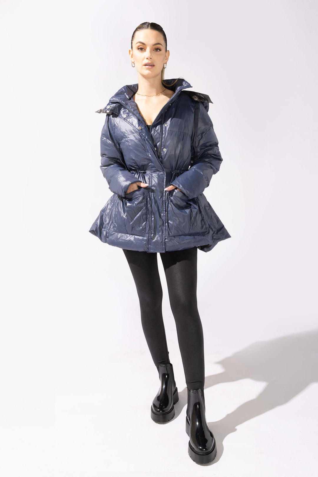 Pearl Peplum Puffer Jacket - Navy