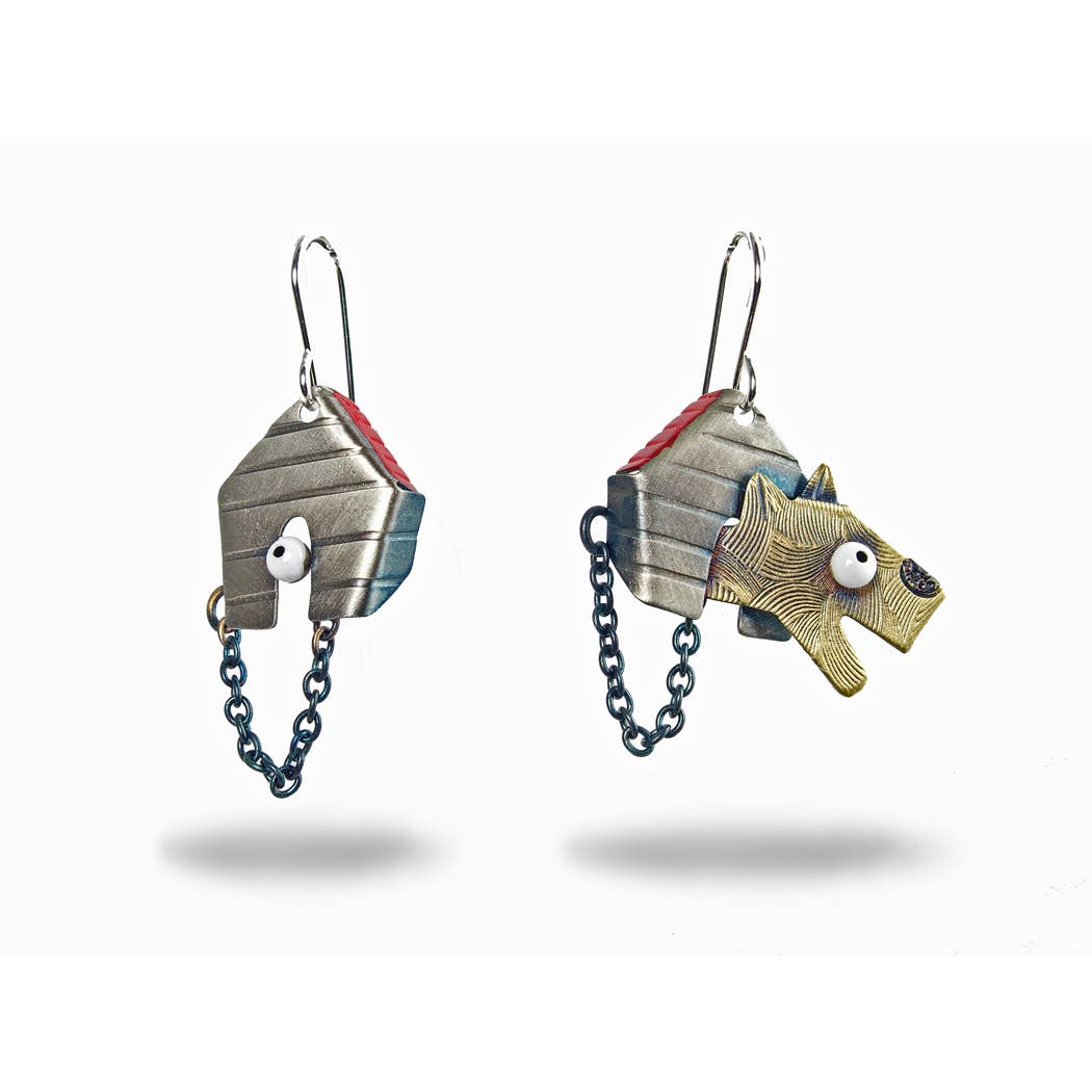 Watchdog Earrings — mismatched brass dogs peeking from nickel silver dog houses with chain dangles by Chickenscratch
