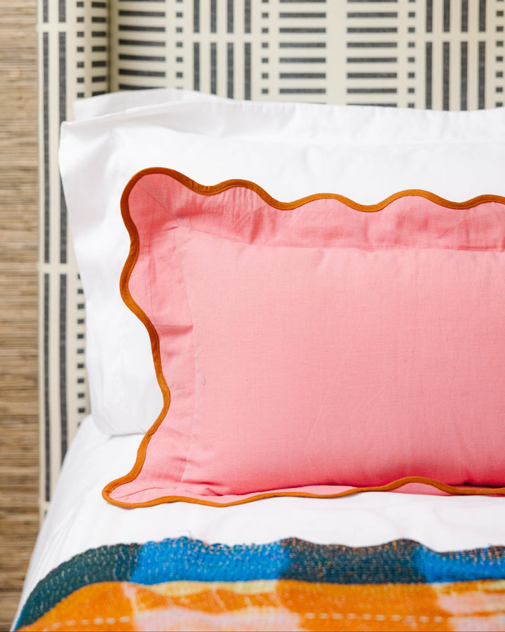 Darcy Linen Lumbar Pillow - Light Pink + Rust - Case Only