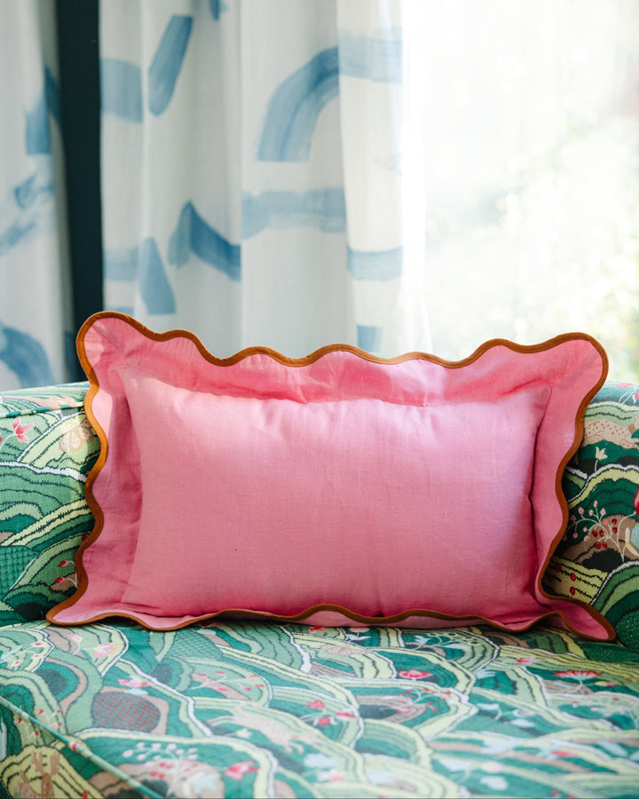 Darcy Linen Lumbar Pillow - Light Pink + Rust - Case Only