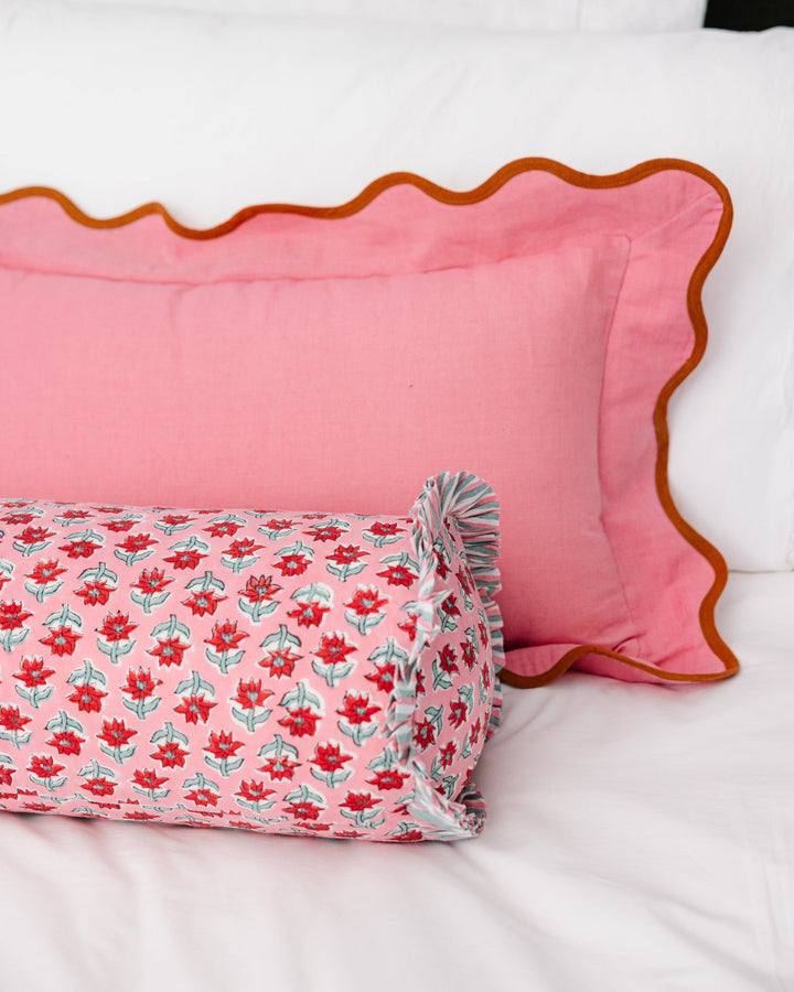 Darcy Linen Lumbar Pillow - Light Pink + Rust - Case Only