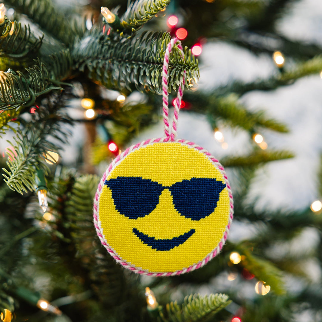 Needlepoint Icon Ornament - Sunglass Emoji