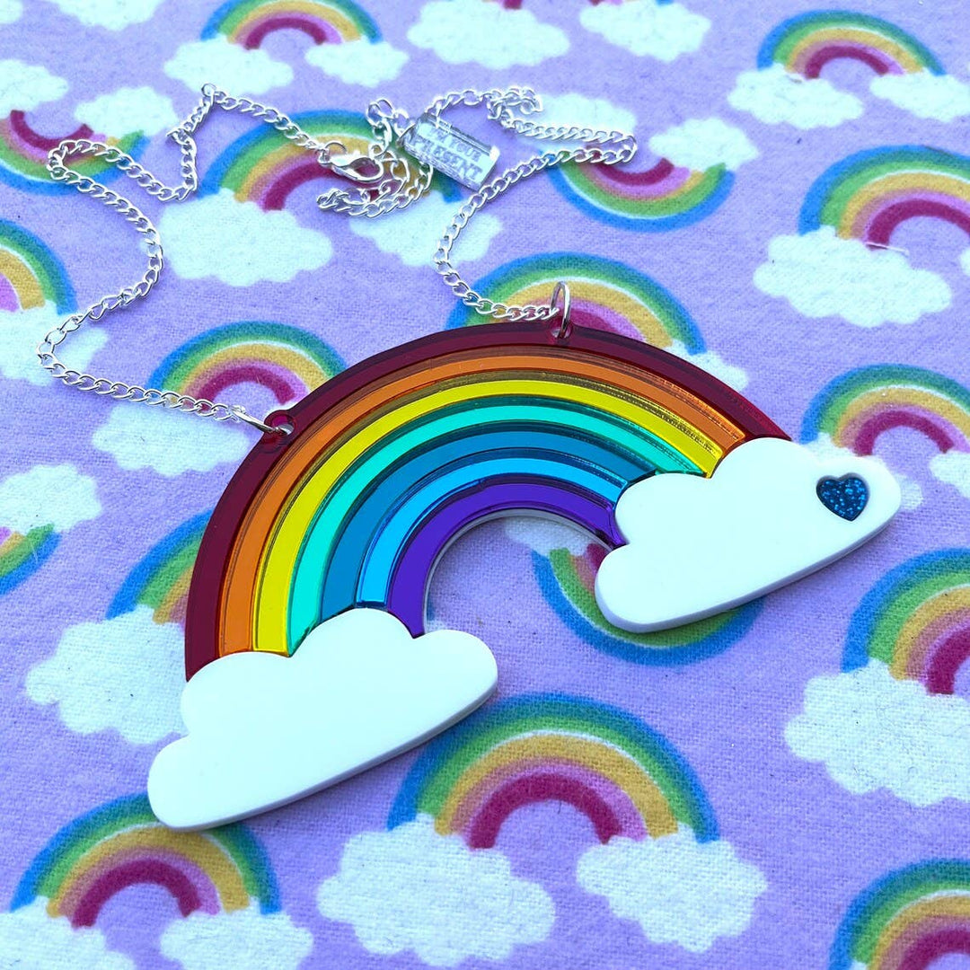 Mirrored Rainbow Acrylic Statement Necklace With Clouds