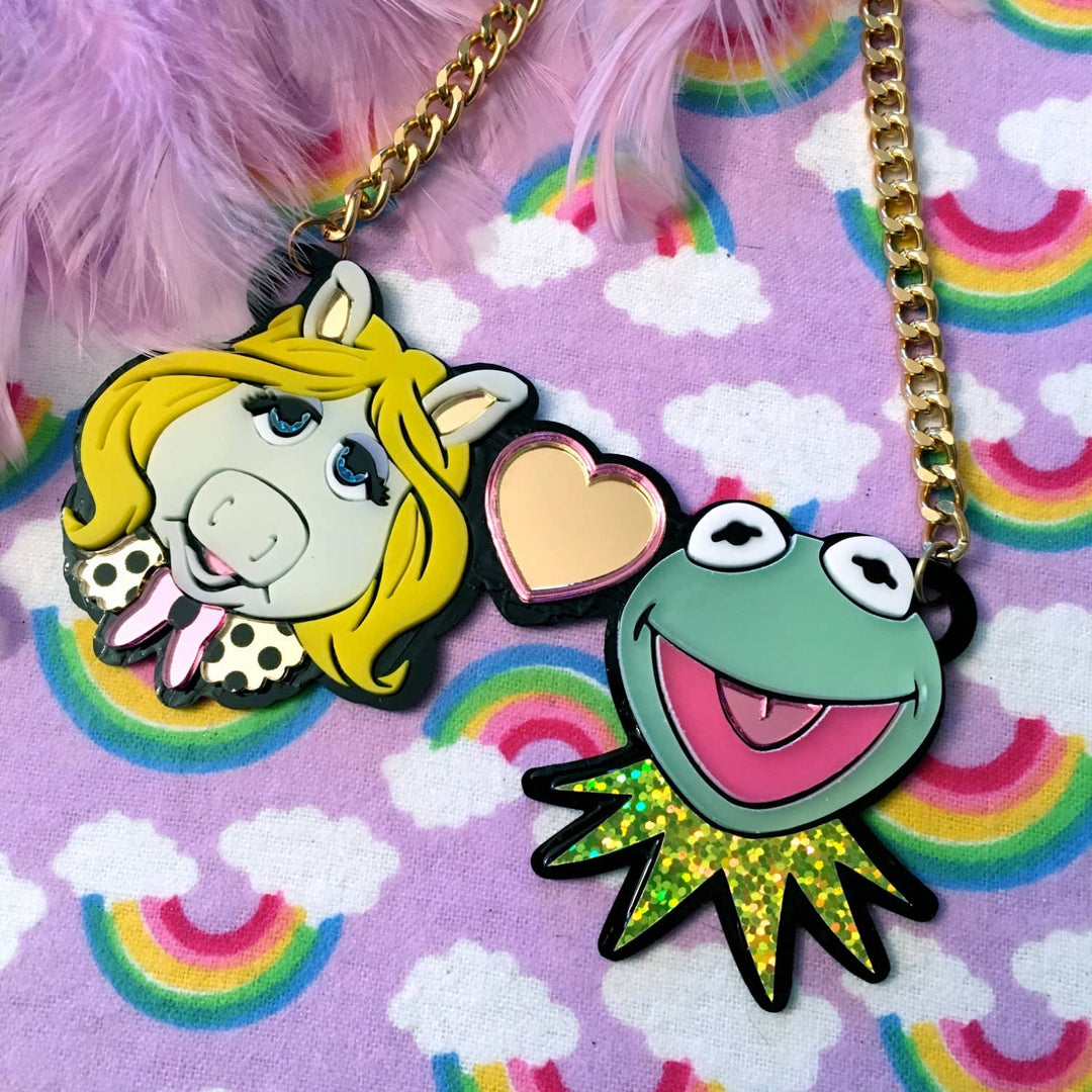 Miss Piggy Loves Kermit Laser Cut Acrylic Necklace