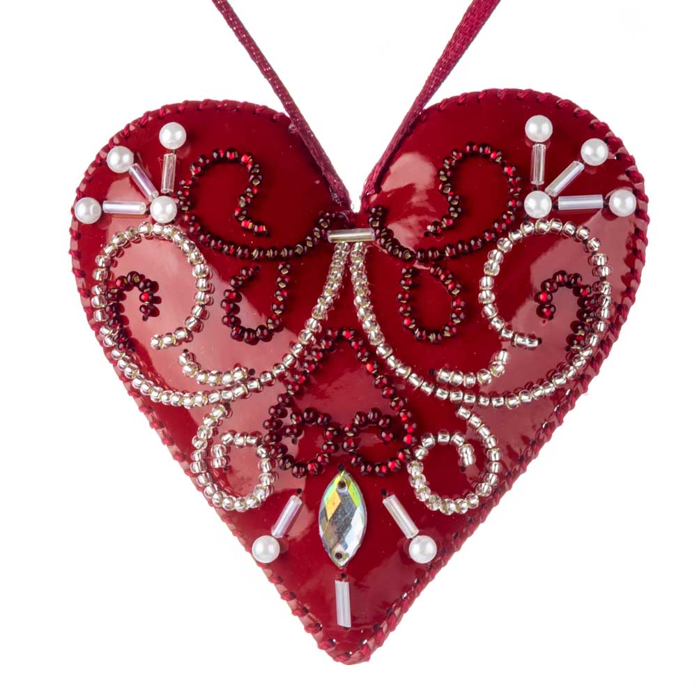 Heart Christmas Ornament Artificial Leather Bead Embroidery Kit by Wonderland Crafts FLBB-136