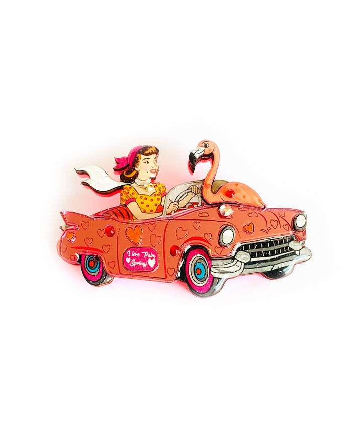 Frankie & the Flamingo Car Brooch by Rosie Rose Parker
