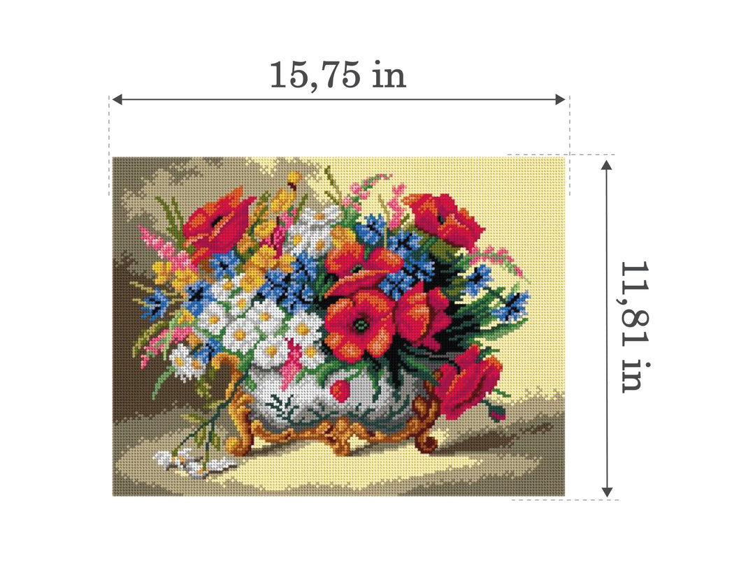 Needlepoint canvas for halfstitch without yarn after Eugene Henri Cauchois - Poppies, Daisies, and Mixed Summer Flowers 3233J - Printed Tapestry Canvas