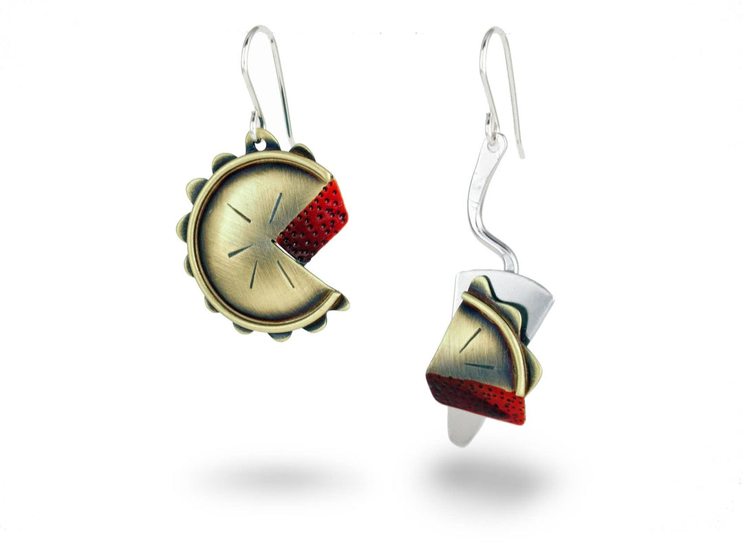 Chickenscratch Slice of the Pie Mismatched Earrings — handmade brass antiqued pie and slice earrings with rhodium-plated server, enamel paint, sterling silver ear wires, 1995 original design