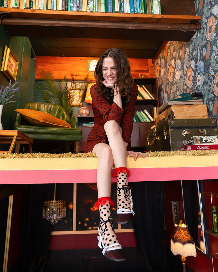 Polka Dot Bow Ruffle Sheer Crew Sock
