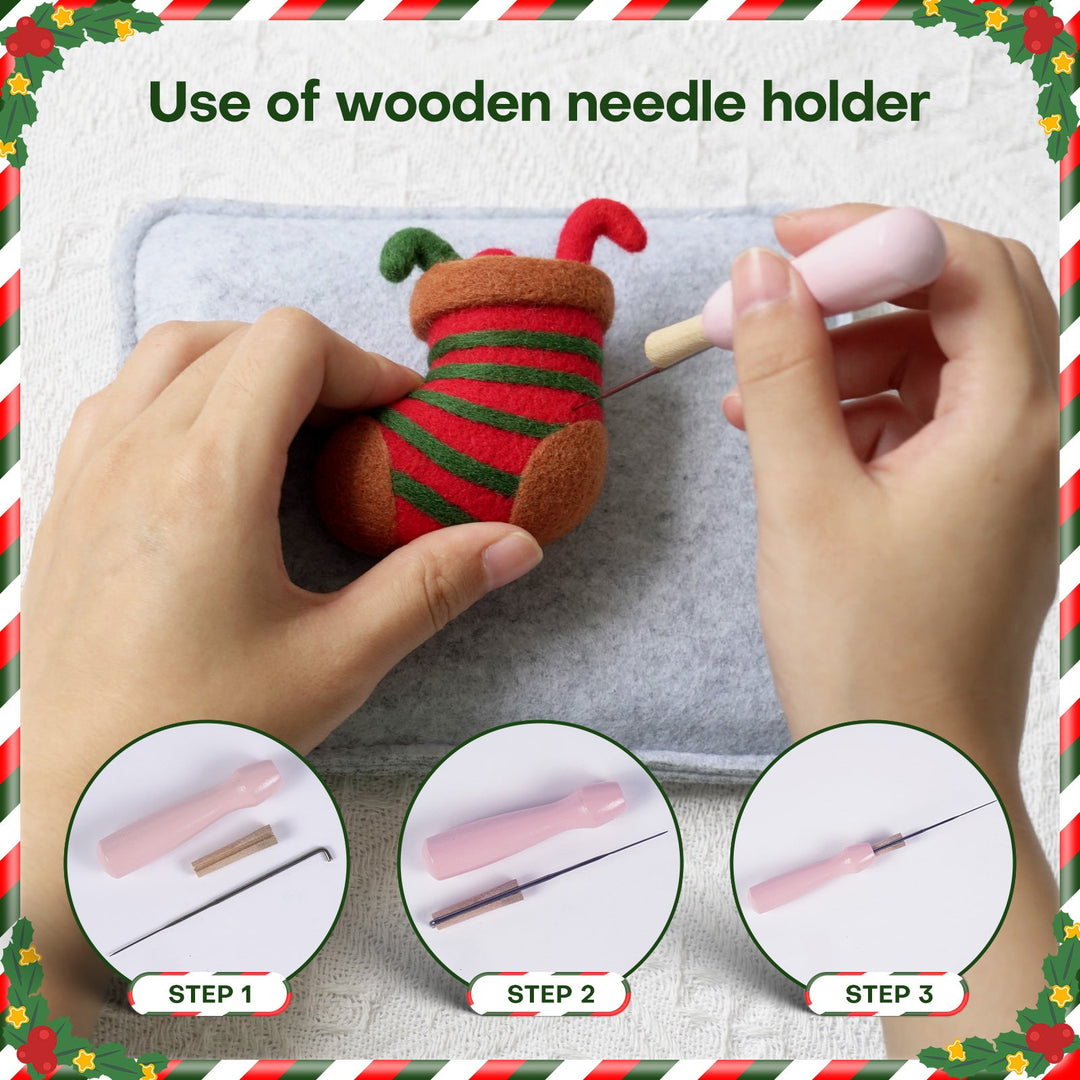 Christmas Tree, Stocking, Gingerbread man and Santa Needle Felting Kit. Wizardi DIY Wool Craft Kit F07N8-Z-10