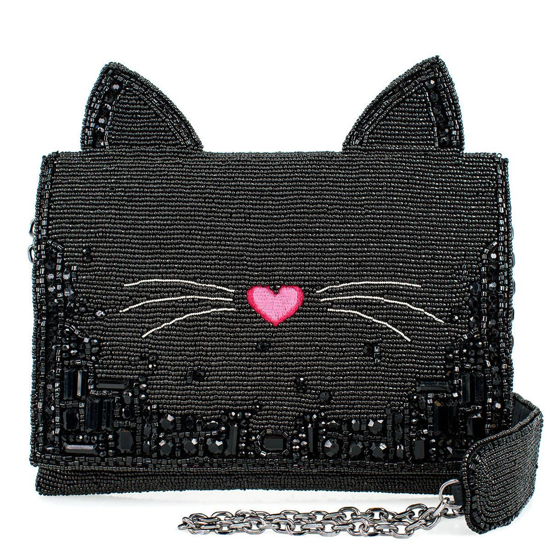 Kitty Couture Black and Pink Beaded Cat Crossbody Handbag
