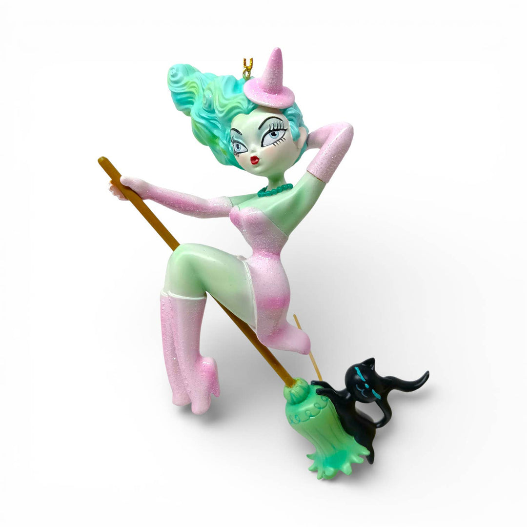 Green Witch on Broom Ornament by Miss Fluff