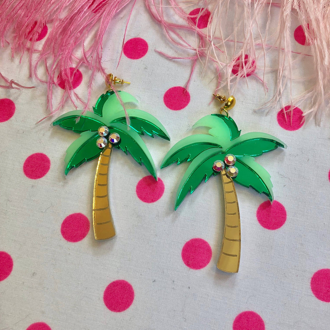 Mirrored Palm Tree Earrings With Rhinestones