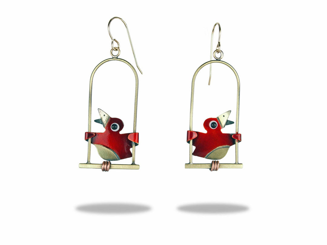 Chickenscratch Swing Set Earrings — handmade brass red enamel bird mismatched earrings with copper coiled feet and antiqued brass swing, gold-filled ear wires