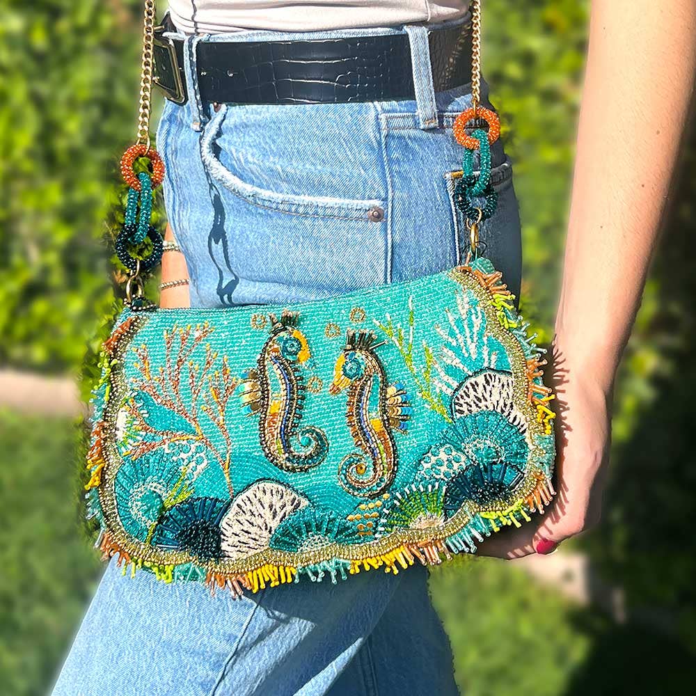 Reef Rider Beaded Beaded Seahorse Crossbody Shoulder Handbag