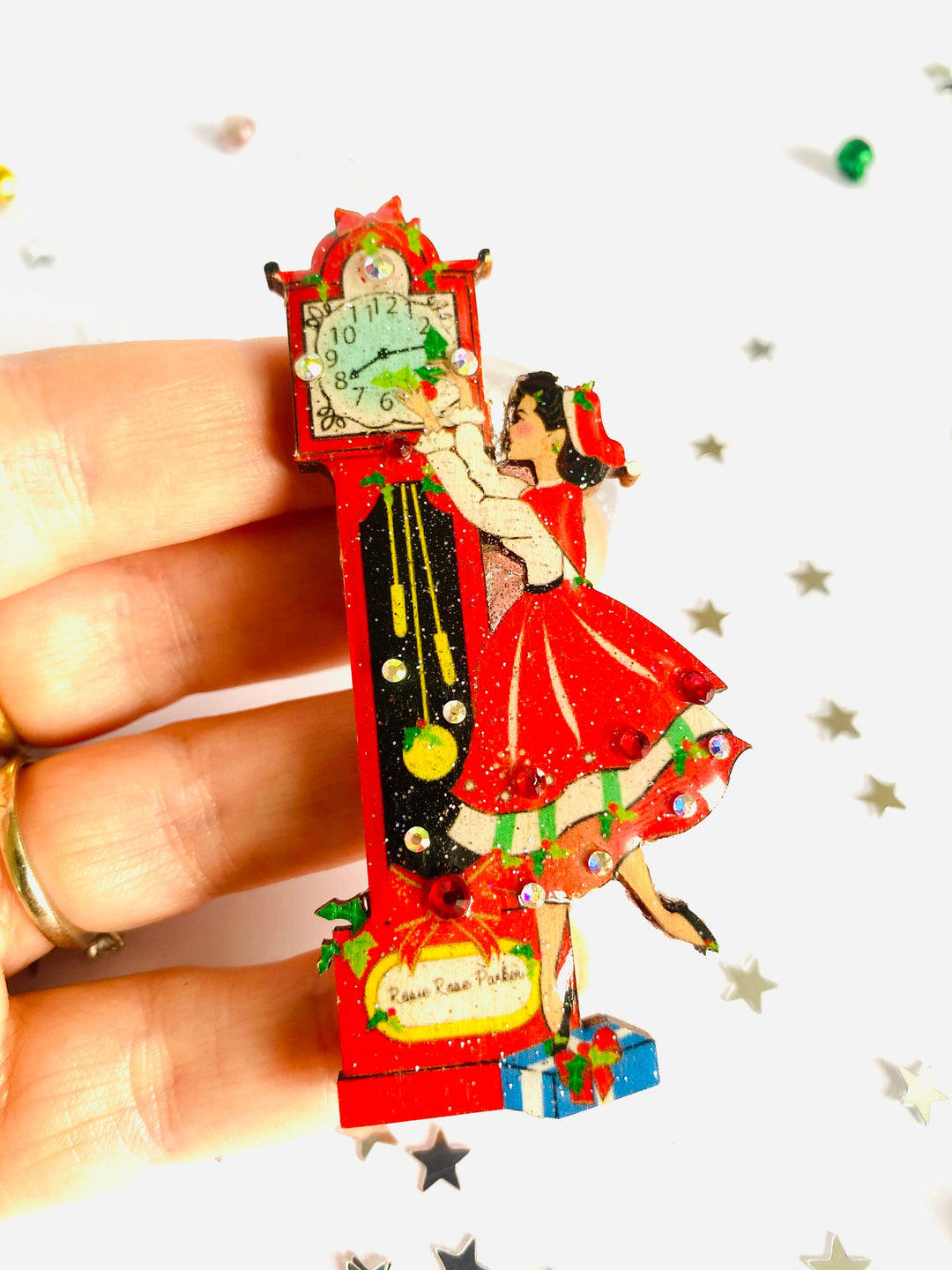 Christmas Eve Grandfather Clock Brooch by Rosie Rose Parker