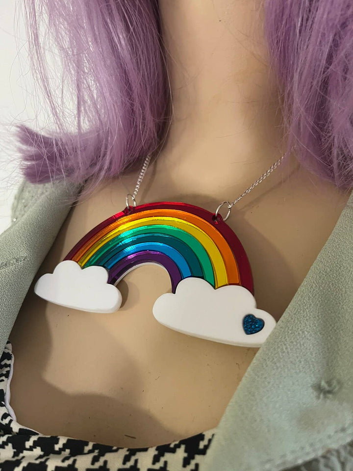 Mirrored Rainbow Acrylic Statement Necklace With Clouds