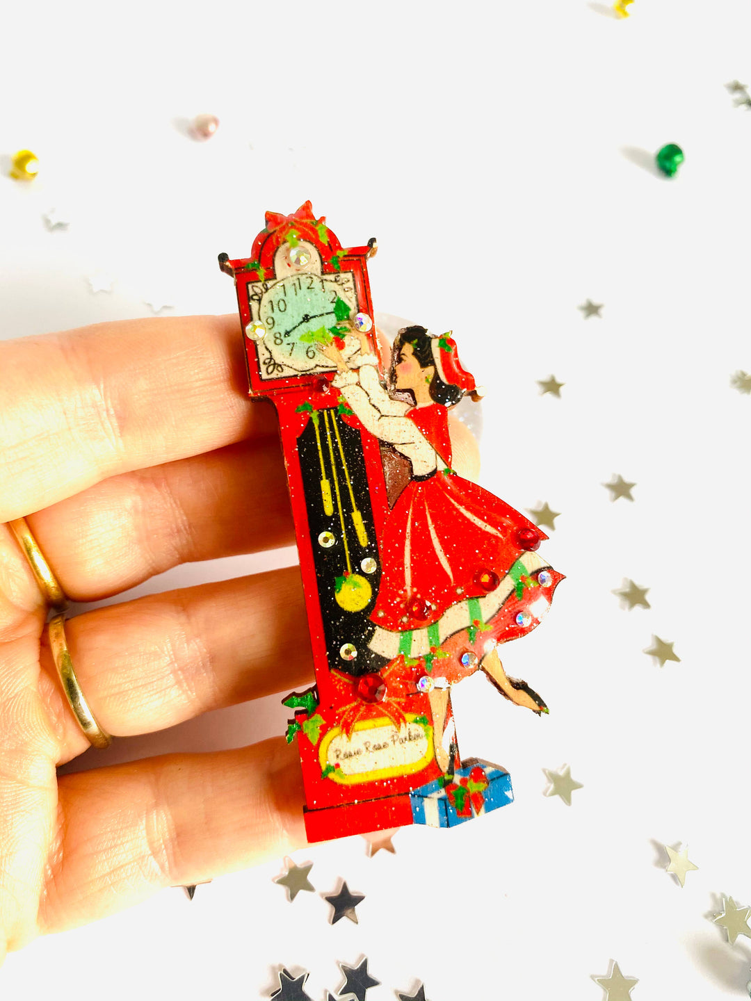 Christmas Eve Grandfather Clock Brooch by Rosie Rose Parker