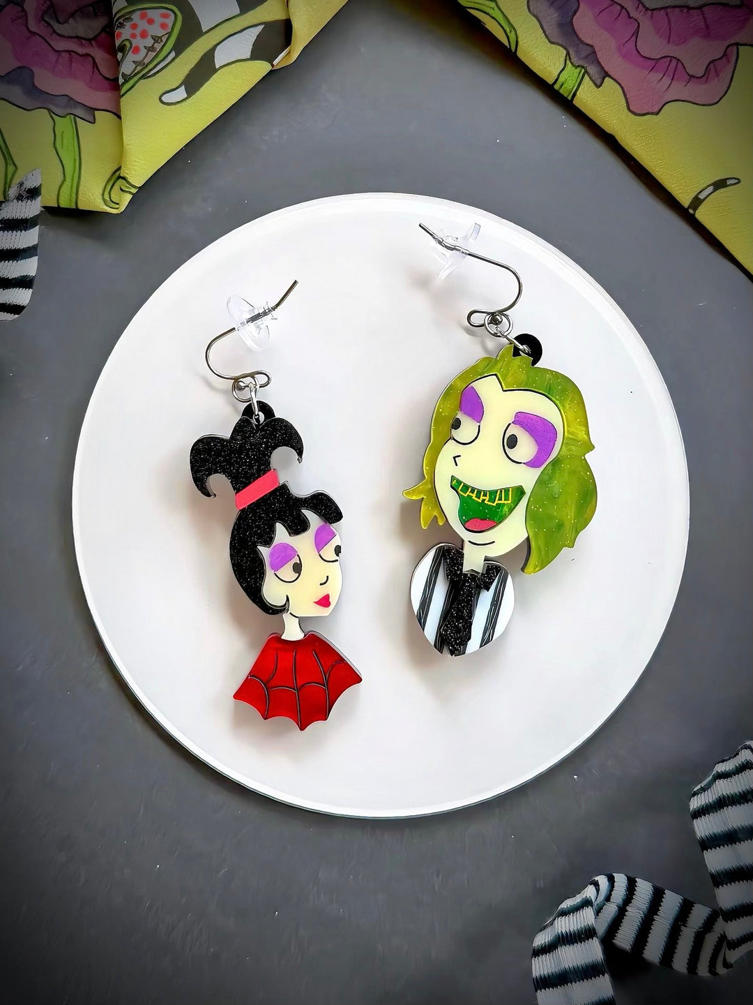 Beetlejuice Earrings - Striped Suit Ghost Halloween Dangle Jewelry
