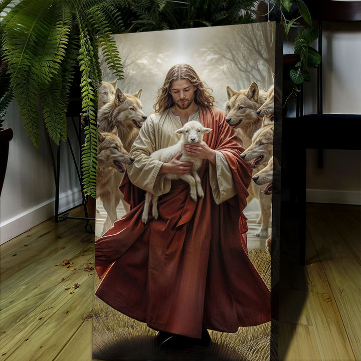 Jesus Protects The Lamb From Wolves Faith Wall Art VI