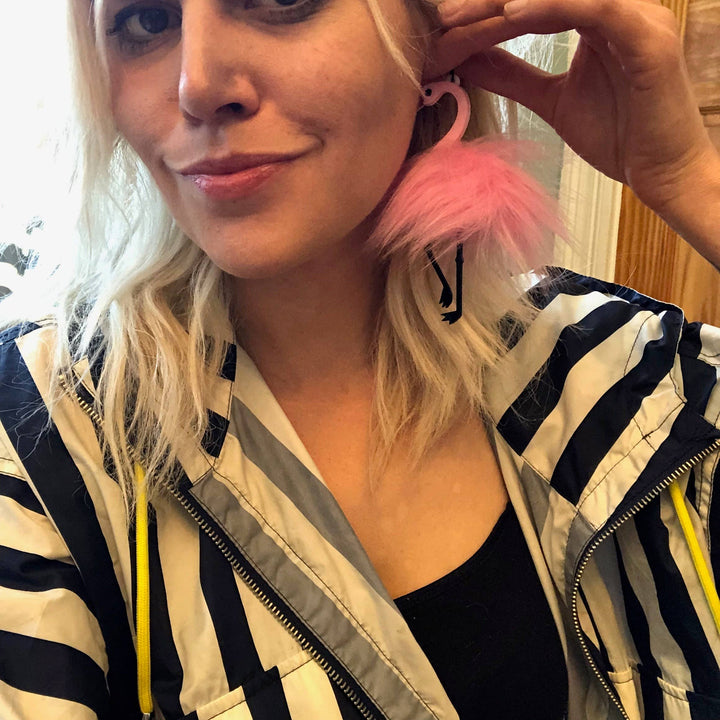 Pom Pom Fluff Pink Flamingo Earrings, Laser Cut Acrylic, Plastic Jewelry