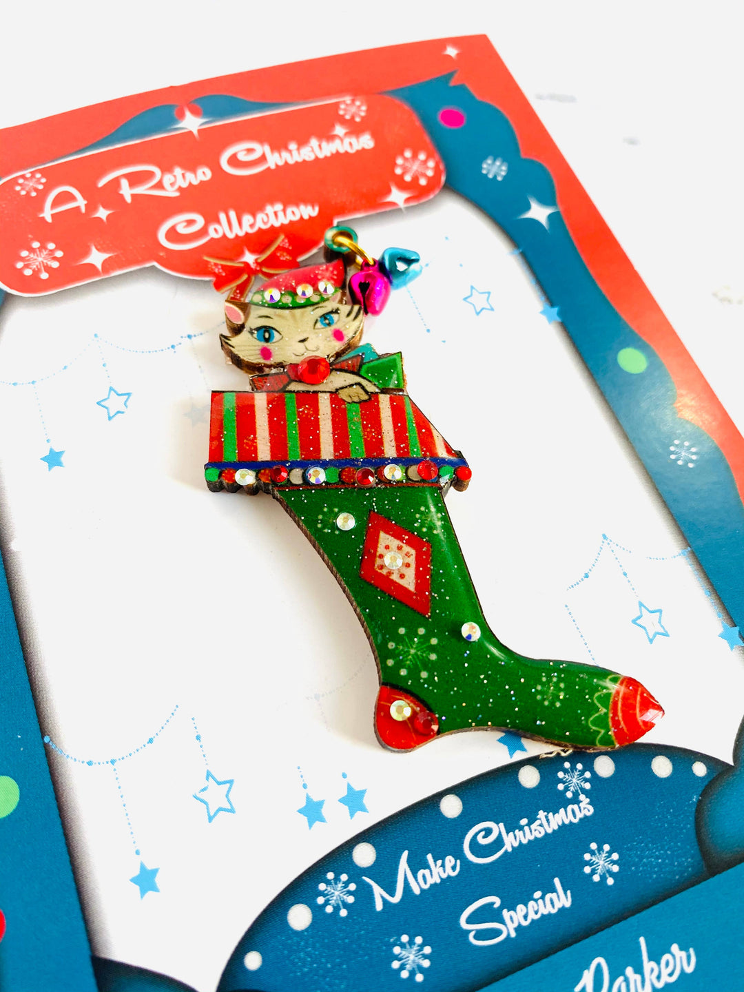 Mr Cat in a Stocking Brooch by Rosie Rose Parker