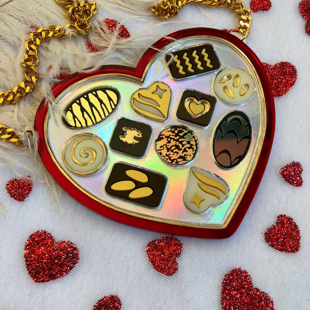 Heart Shaped Chocolate Box Necklace, Valentine'S Day, Laser Cut Acrylic, Plastic Jewelry