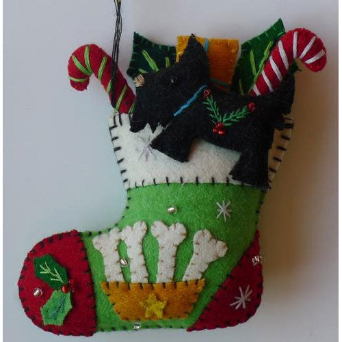 5" Green Stocking w/Gifts & Black Dog by Stitch by Stitch image