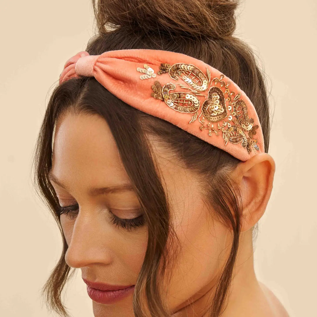 Embellished Velvet Headband - Coral Heart