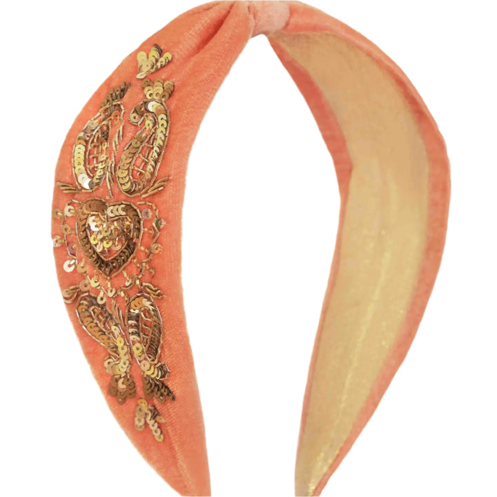 Embellished Velvet Headband - Coral Heart