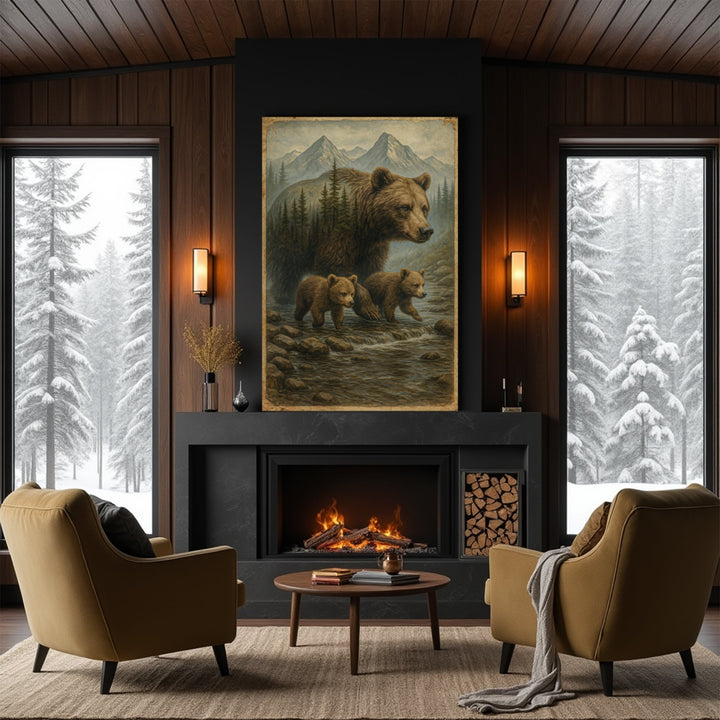 Mother Bear and Cubs Crossing Double Exposure Wall Art