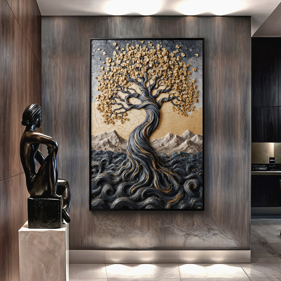 Golden Tree of Life Minimalist Impasto Wall Art