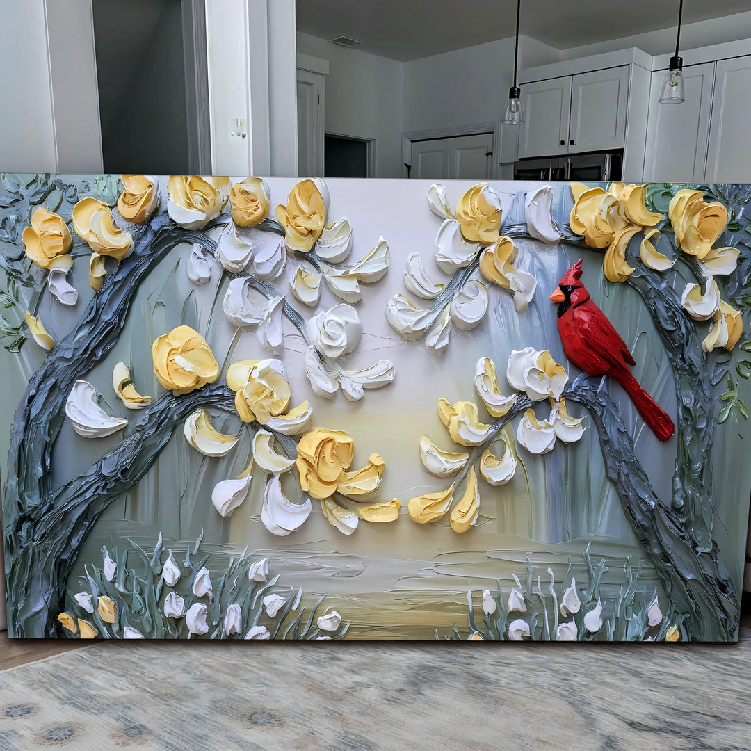 Golden Petals and Scarlet Wings Impasto Wall Art