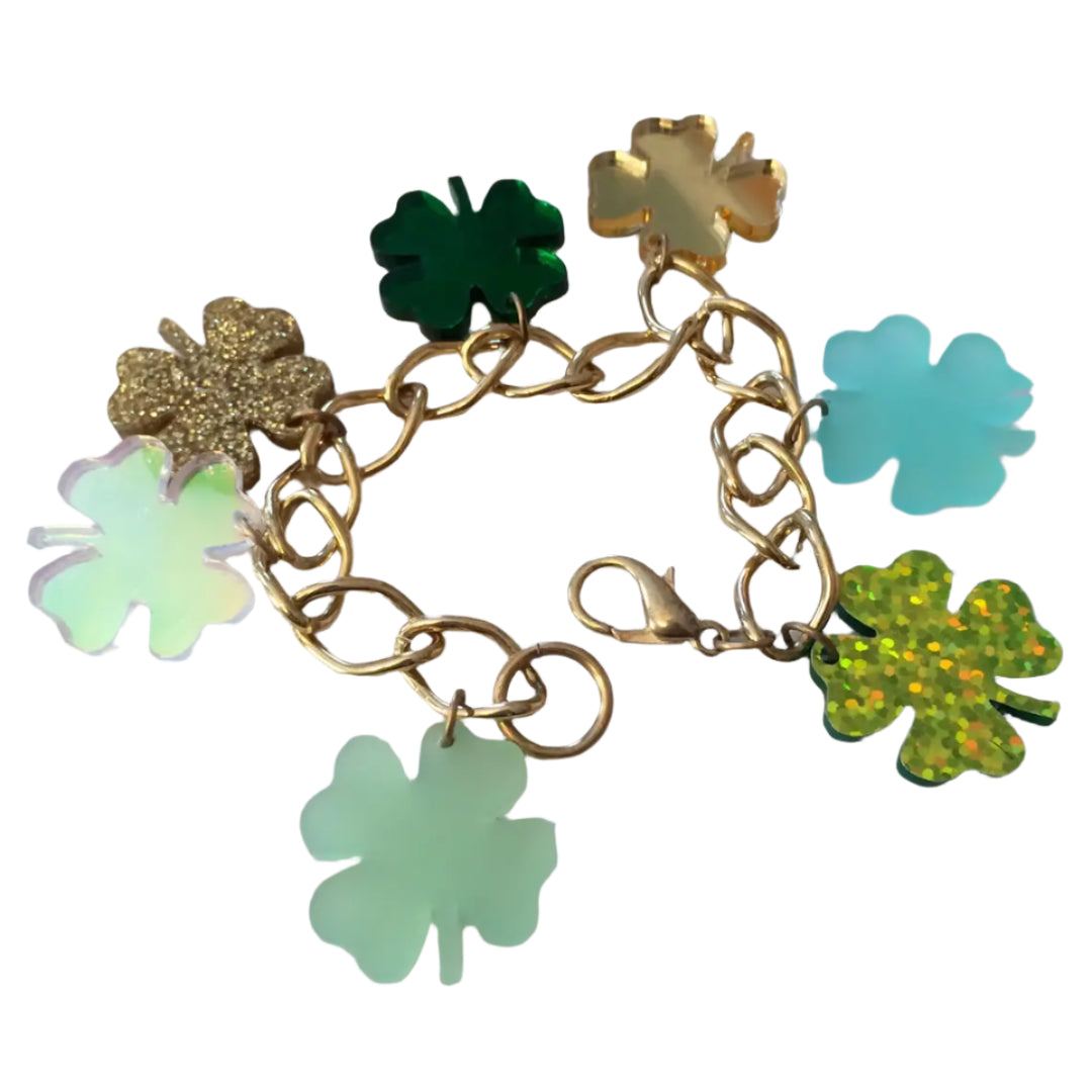 Green and Gold Shamrock Clover Charm Bracelet