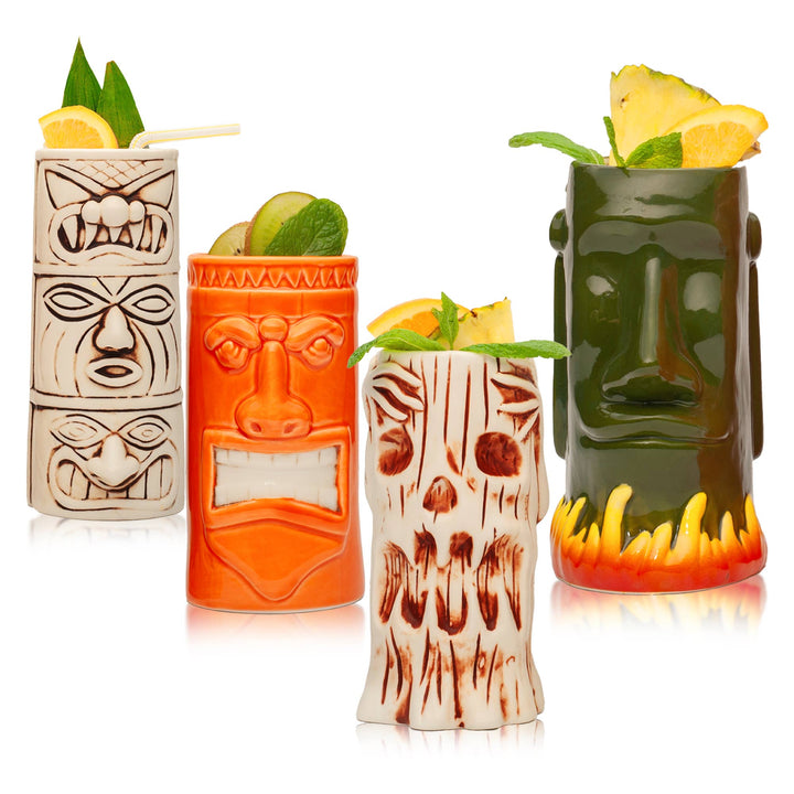 Hard-Carved and Hand-Painted Tiki Mugs - Assorted Set of 8