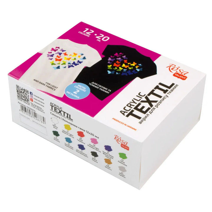 Rosa Talent HEART Textile Acrylic Paint Set. 12 colors (0.68 oz) and including 2 metallic
