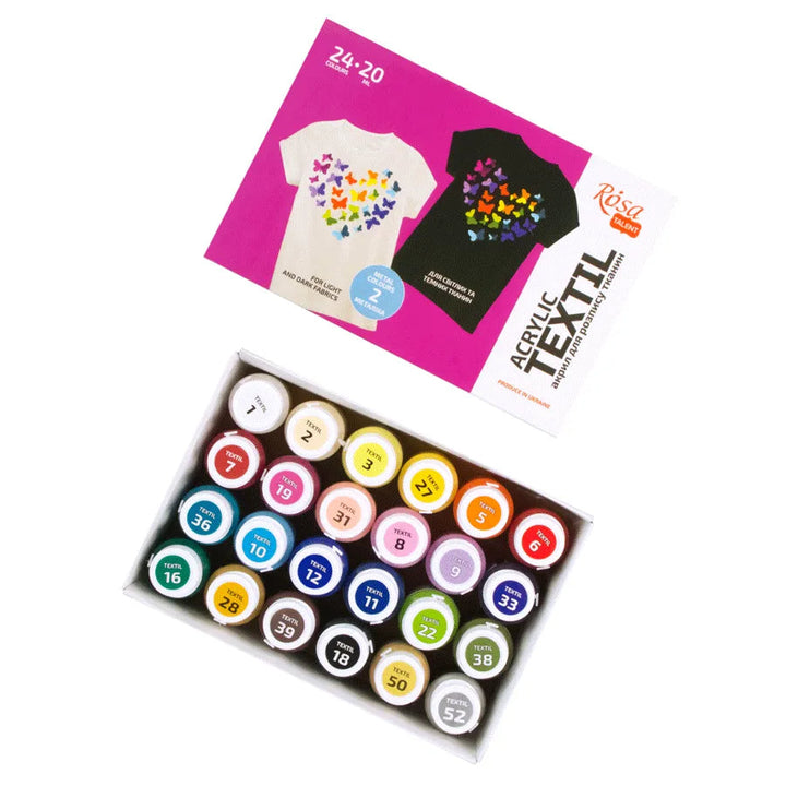 Rosa Talent HEART Textile Acrylic Paint Set. 24 colors (0.68 oz) and including 2 metallic.