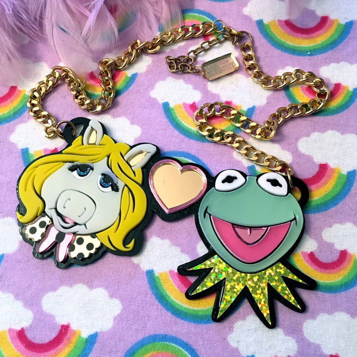 Miss Piggy Loves Kermit Laser Cut Acrylic Necklace