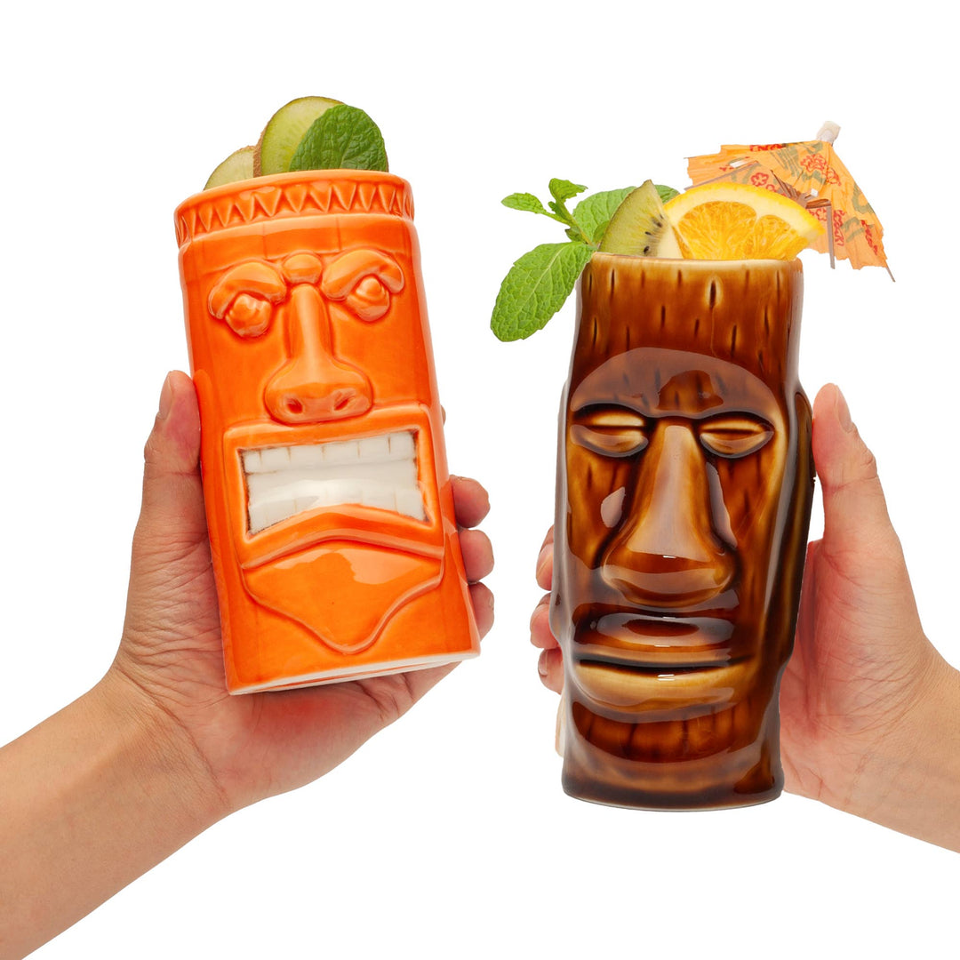 Hard-Carved and Hand-Painted Tiki Mugs - Assorted Set of 8