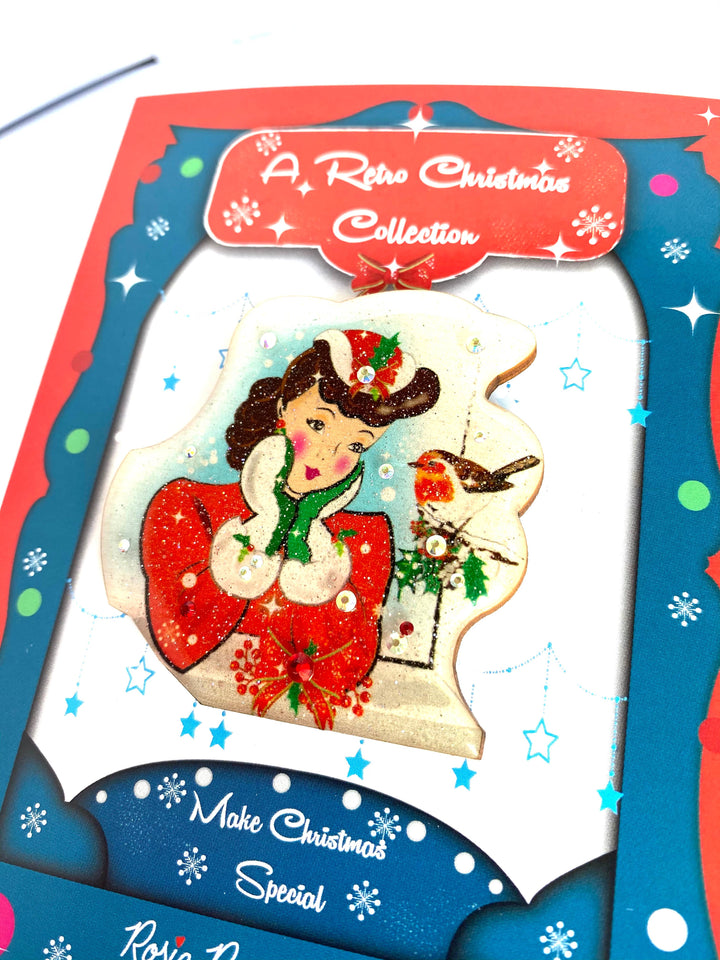 Red Robin and Christmas Lady Brooch by Rosie Rose Parker