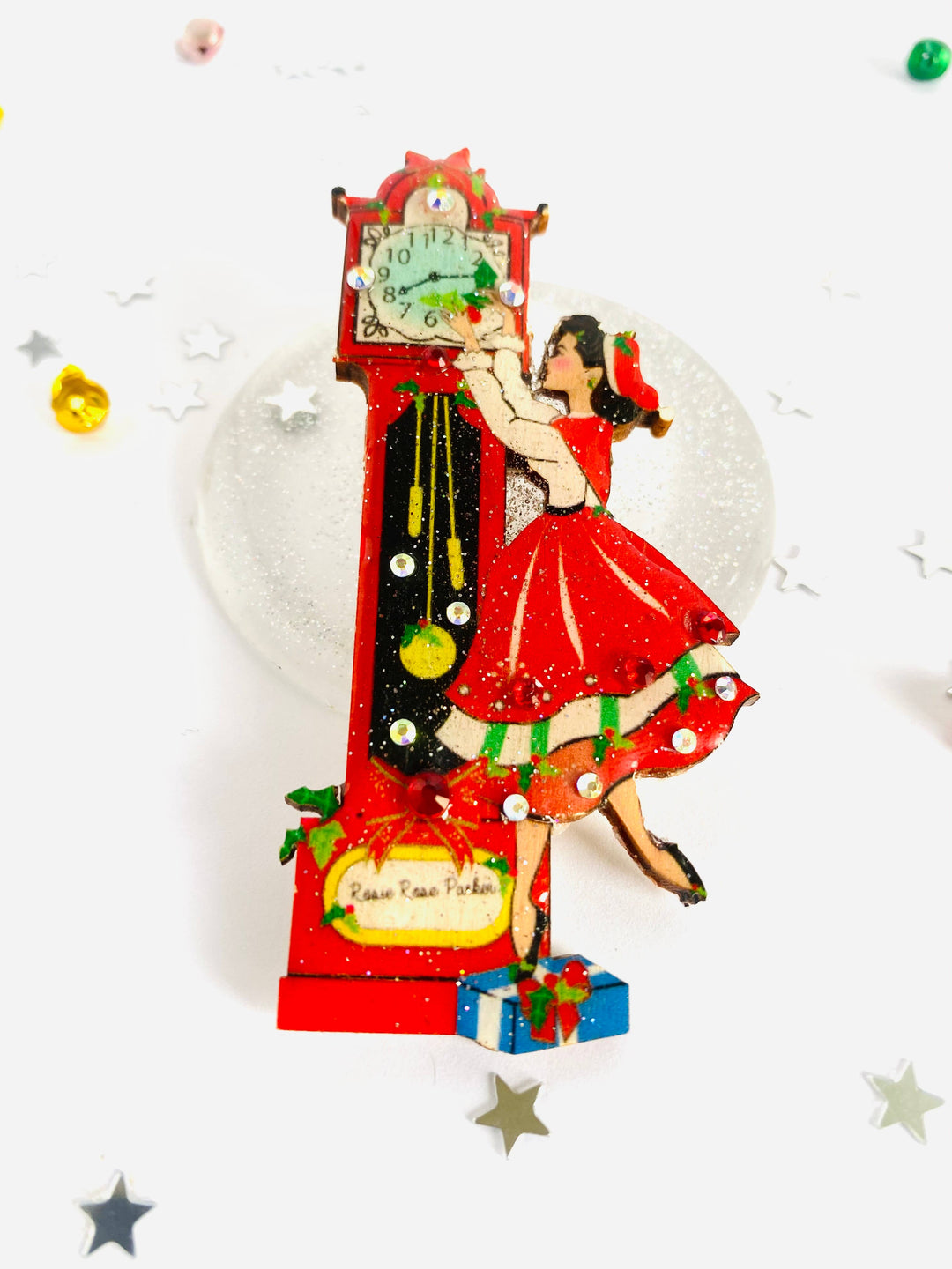 Christmas Eve Grandfather Clock Brooch by Rosie Rose Parker