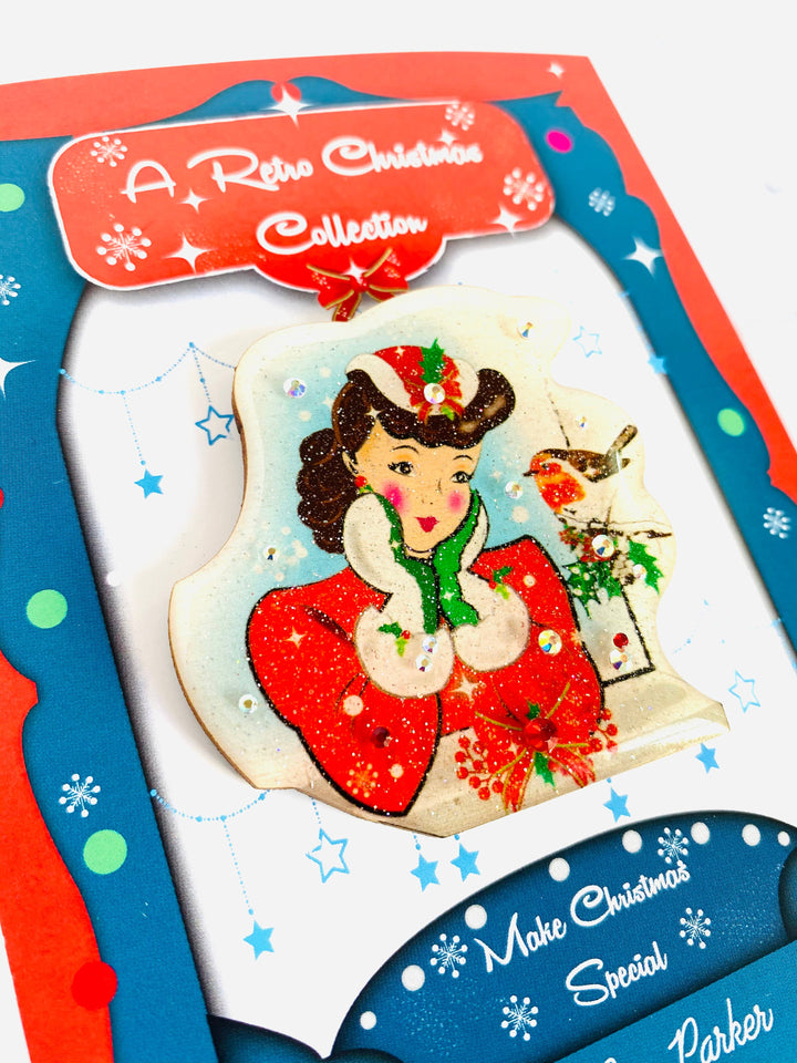 Red Robin and Christmas Lady Brooch by Rosie Rose Parker