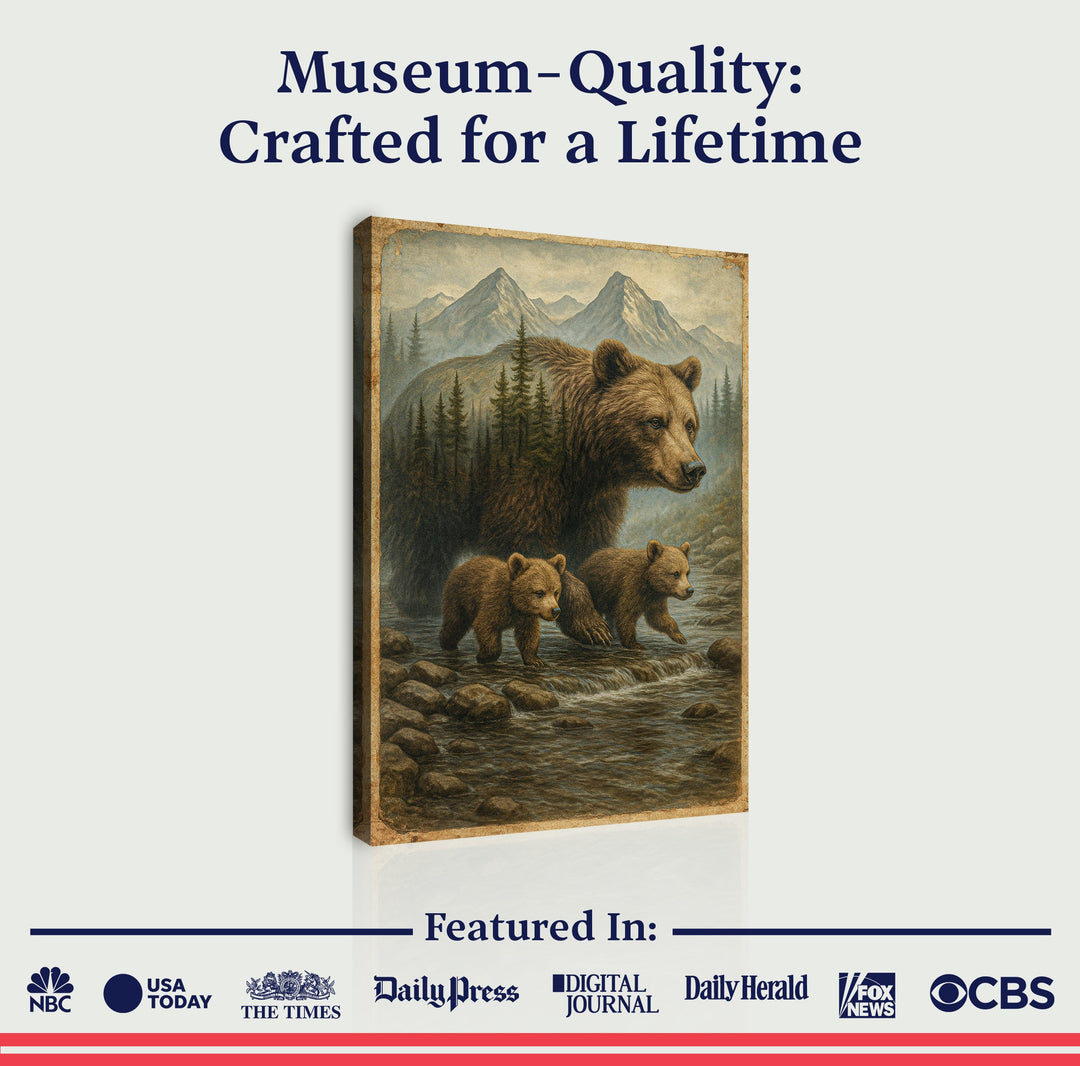 Mother Bear and Cubs Crossing Double Exposure Wall Art