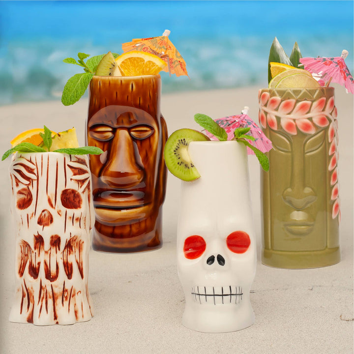 Hard-Carved and Hand-Painted Tiki Mugs - Assorted Set of 8