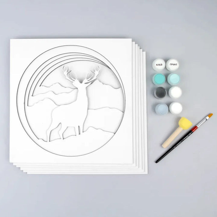 Rosa Talent Deer in the Mountains - 3D Painting Set. Primed Fiberboard. 6 Layers. 11.81*11.81 inches.