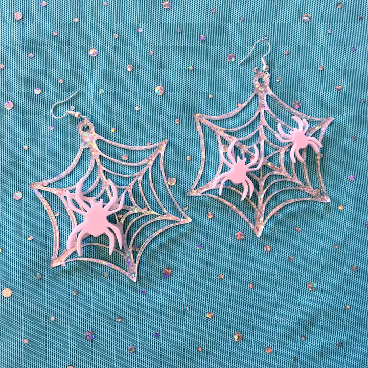 Iridescent/Pink Spider Web Acrylic Earrings